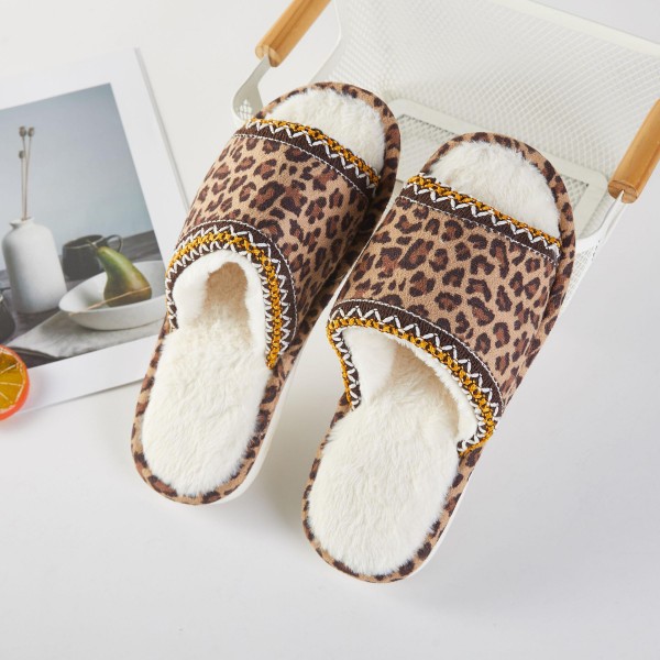 Leopard & Cross Stich Slides Slippers With Faux Fur Lining (6-Pack)

- 100% Polyester
- Rubber Sole