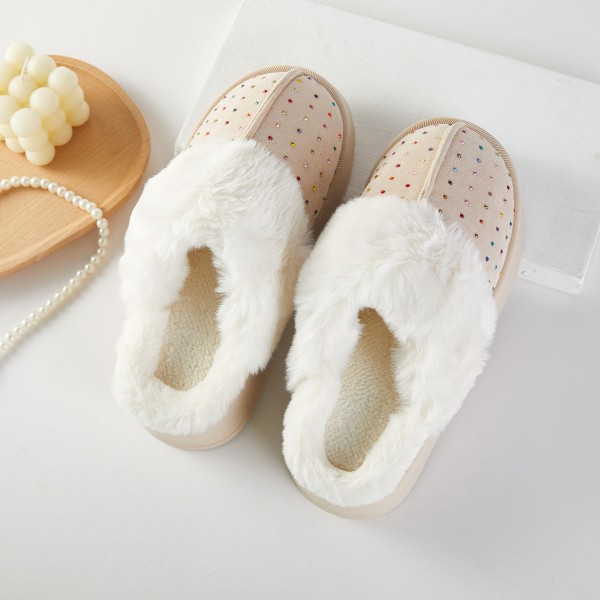 Faux Fur & Suede Slippers With Rhinestone Details (6-Pack) - Rubber Platform Sole - 100% Polyester view 5