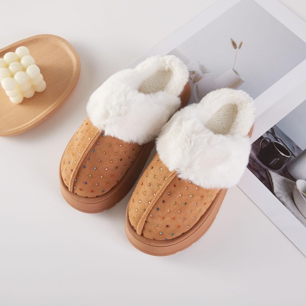 Faux Fur & Suede Slippers With Rhinestone Details (6-Pack)

- Rubber Platform Sole
- 100% Polyester