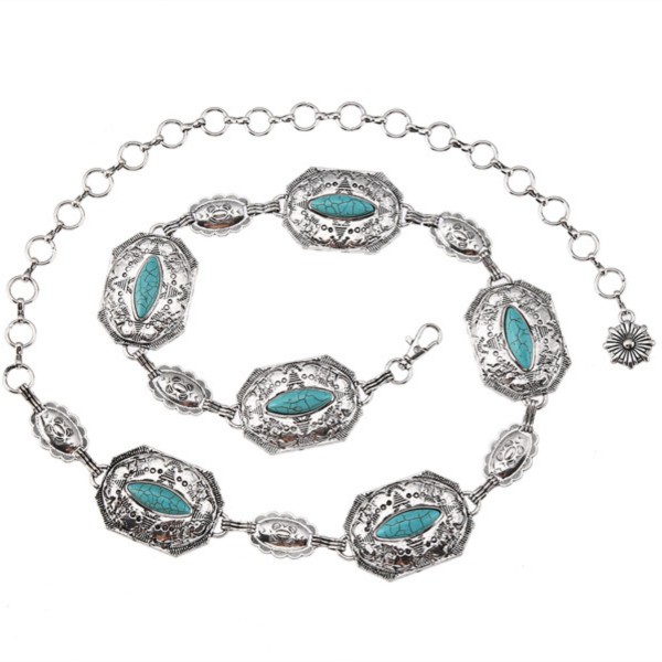 Chain Link Belt With Engraved Metal Conchos & Turquoise Accents 

- Approximately 45" L