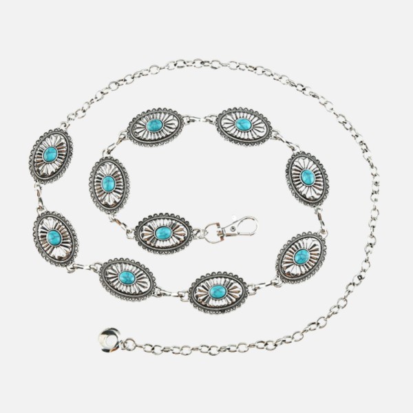 Chain Link Belt With Engraved Metal Conchos & Turquoise Accents 

- Approximately 45" L