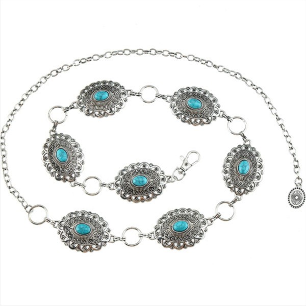 Chain Link Belt With Engraved Metal Conchos, Hoops, & Turquoise Accents 

- Approximately 45" L