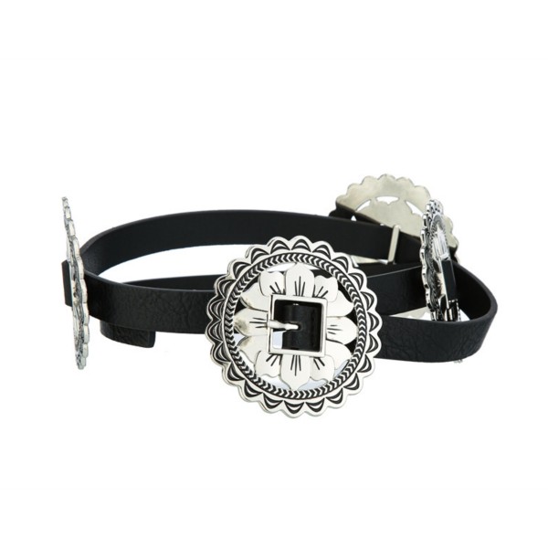 Skinny Vegan Leather Belt With Metal Tone Engraved  Flower Conchos 

- Approximately 45" L