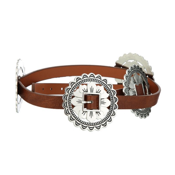 Skinny Vegan Leather Belt With Metal Tone Engraved  Flower Conchos 

- Approximately 45" L