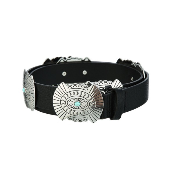 Vegan Leather Belt With Large Metal Tone Conchos With Engraved Designs & Turquoise Accents 

- Approximately 45" L
