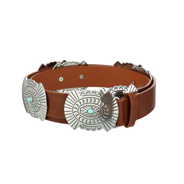 Vegan Leather Belt With Large Metal Tone Conchos With Engraved Designs & Turquoise Accents 

- Approximately 45" L