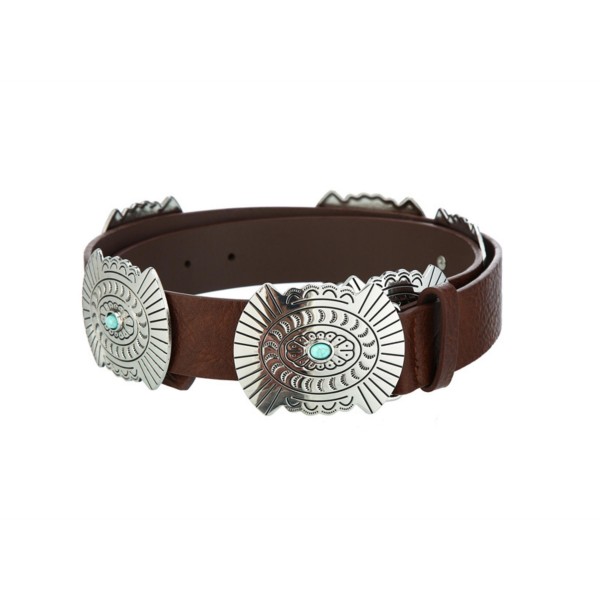 Vegan Leather Belt With Large Metal Tone Conchos With Engraved Designs & Turquoise Accents 

- Approximately 45" L