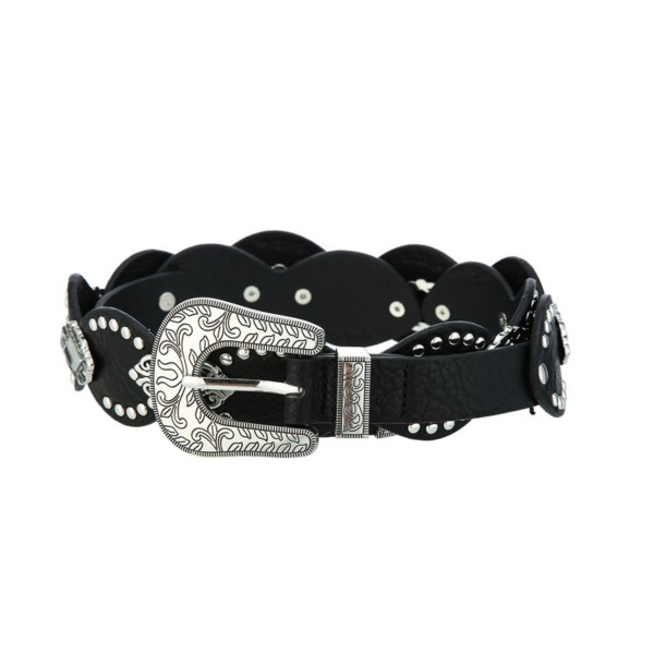Vegan Leather Belt With Scalloped Edges, Metal Tone Studs, & Engraved Metal Buckle 

- Approximately 43" L 