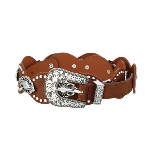 Vegan Leather Belt With Scalloped Edges, Metal Tone Studs, & Engraved Metal Buckle 

- Approximately 43" L 