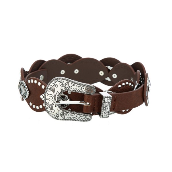 Vegan Leather Belt With Scalloped Edges, Metal Tone Studs, & Engraved Metal Buckle 

- Approximately 43" L 