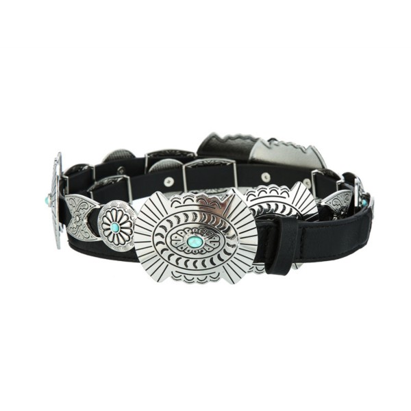 Vegan Leather Belt With Large Metal Tone Conchos With Engraved Designs & Turquoise Accents 

- Approximately 45" L