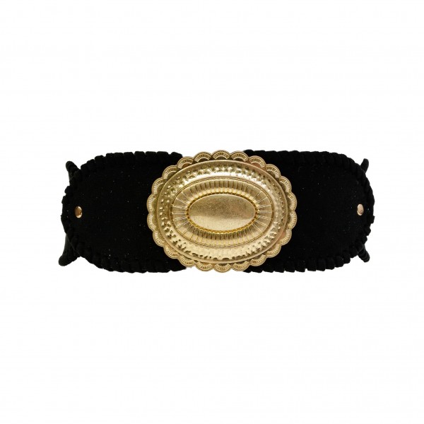 Western Elastic Belt With Concho Buckle

- Approximately 27" L X 3" W
- 70% Elastic 30% Paper


