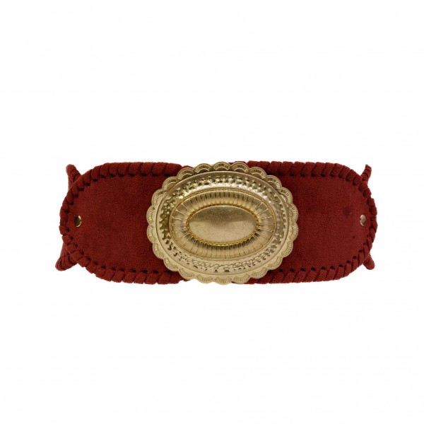 Western Elastic Belt With Concho Buckle

- Approximately 27" L X 3" W
- 70% Elastic 30% Paper

