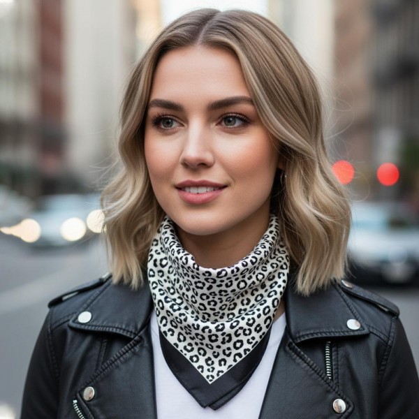 Leopard Print Bandana Scarf

- Multi-Use: Scarf, Bandana, Bag Tie ETC
- Approximately 27.5"L X 27.5"W
- 100% Polyester
