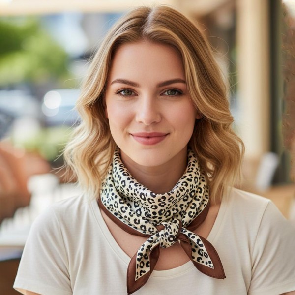 Leopard Print Bandana Scarf

- Multi-Use: Scarf, Bandana, Bag Tie ETC
- Approximately 27.5"L X 27.5"W
- 100% Polyester