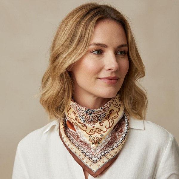 Paisley & Arabesque Oriental Bandana Scarf

- Multi-Use: Scarf, Bandana, Bag Tie ETC
- Approximately 27.5"L X 27.5"W
- 100% Polyester