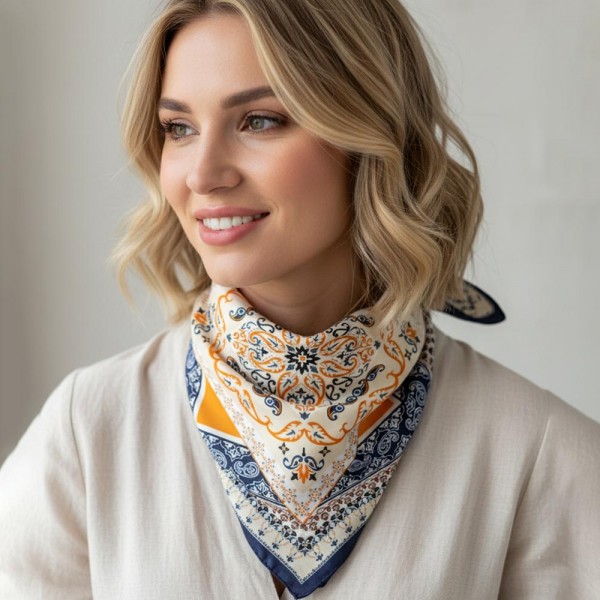 Paisley & Arabesque Oriental Bandana Scarf

- Multi-Use: Scarf, Bandana, Bag Tie ETC
- Approximately 27.5"L X 27.5"W
- 100% Polyester