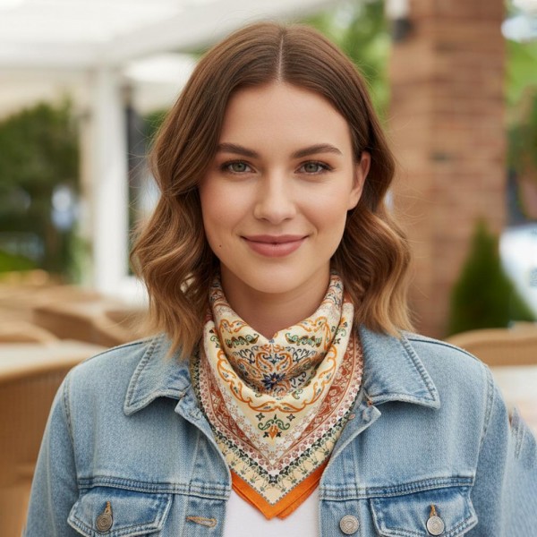 Paisley & Arabesque Oriental Bandana Scarf

- Multi-Use: Scarf, Bandana, Bag Tie ETC
- Approximately 27.5"L X 27.5"W
- 100% Polyester