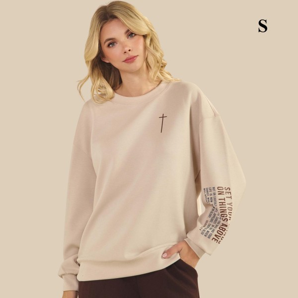 "Set Your Minds On Things Above" Ultra Comfy Pullover Sweatshirt

- Crew Neck 
- Dropped Shoulder For A Relaxed Silhouette
- Full-Length Sleeves With Cuff Bands
- Eye-Catching Graphic To Elevate Your Outfit
-  45% Rayon 47% Polyester 8% Spandex




