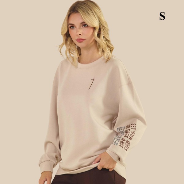 "Set Your Minds On Things Above" Ultra Comfy Pullover Sweatshirt

- Crew Neck 
- Dropped Shoulder For A Relaxed Silhouette
- Full-Length Sleeves With Cuff Bands
- Eye-Catching Graphic To Elevate Your Outfit
-  45% Rayon 47% Polyester 8% Spandex




