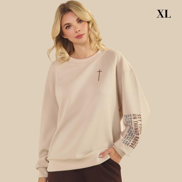 "Set Your Minds On Things Above" Ultra Comfy Pullover Sweatshirt

- Crew Neck 
- Dropped Shoulder For A Relaxed Silhouette
- Full-Length Sleeves With Cuff Bands
- Eye-Catching Graphic To Elevate Your Outfit
-  45% Rayon 47% Polyester 8% Spandex




