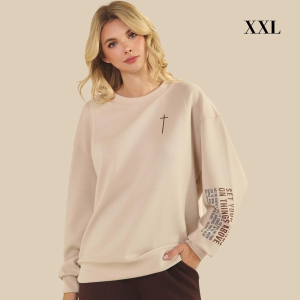"Set Your Minds On Things Above" Ultra Comfy Pullover Sweatshirt

- Crew Neck 
- Dropped Shoulder For A Relaxed Silhouette
- Full-Length Sleeves With Cuff Bands
- Eye-Catching Graphic To Elevate Your Outfit
-  45% Rayon 47% Polyester 8% Spandex




