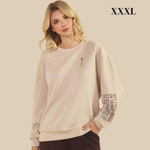 "Set Your Minds On Things Above" Ultra Comfy Pullover Sweatshirt

- Crew Neck 
- Dropped Shoulder For A Relaxed Silhouette
- Full-Length Sleeves With Cuff Bands
- Eye-Catching Graphic To Elevate Your Outfit
-  45% Rayon 47% Polyester 8% Spandex




