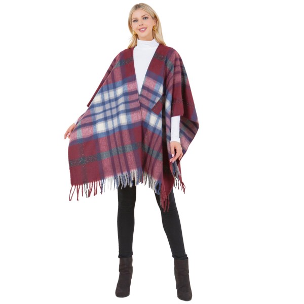 Metallic Plaid Shawl With Fringe & Loop

- One Side Fits Most 
- 100% Acrylic 