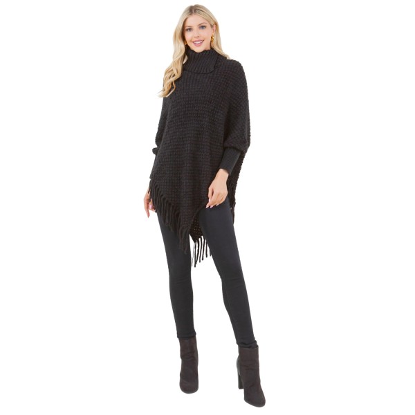 Knit Cowl Neck Poncho With Sleeves & Fringe 

- One Size Fits Most 
- 100% Acrylic 
