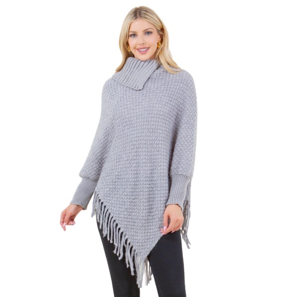 Knit Cowl Neck Poncho With Sleeves & Fringe 

- One Size Fits Most 
- 100% Acrylic 