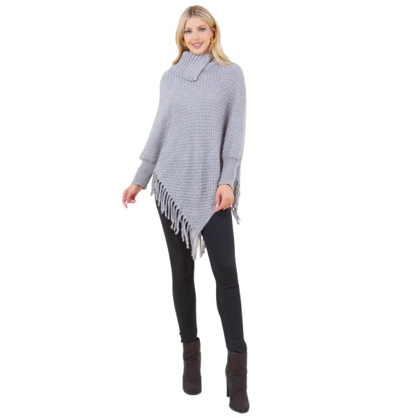 Knit Cowl Neck Poncho With Sleeves & Fringe 

- One Size Fits Most 
- 100% Acrylic 