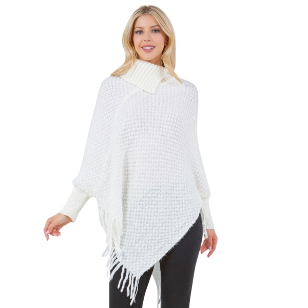 Knit Cowl Neck Poncho With Sleeves & Fringe 

- One Size Fits Most 
- 100% Acrylic 