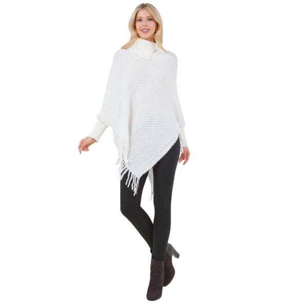 Knit Cowl Neck Poncho With Sleeves & Fringe 

- One Size Fits Most 
- 100% Acrylic 