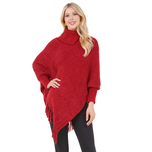 Knit Cowl Neck Poncho With Sleeves & Fringe 

- One Size Fits Most 
- 100% Acrylic 