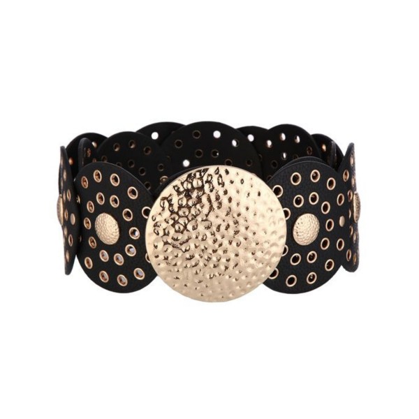 Vegan Leather Scalloped Belt With Metal Tone Eyelets & Hammered Metal Concho Center 

- Approximately 47" L