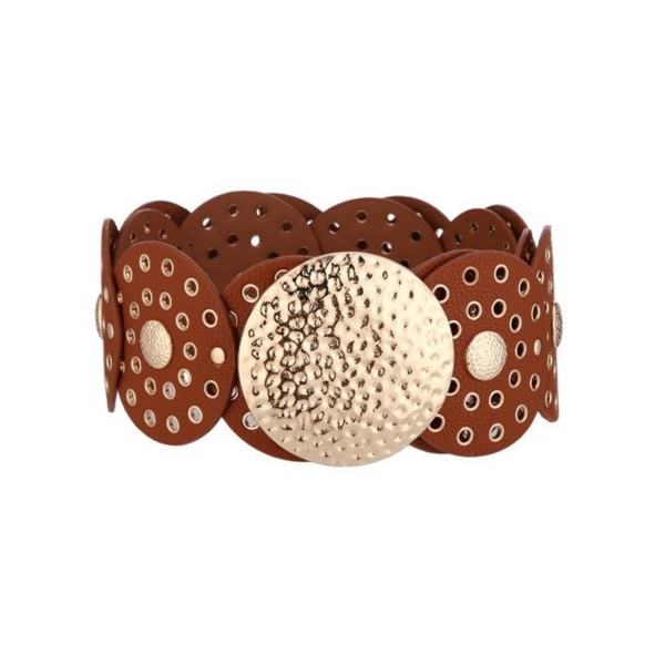 Vegan Leather Scalloped Belt With Metal Tone Eyelets & Hammered Metal Concho Center 

- Approximately 47" L