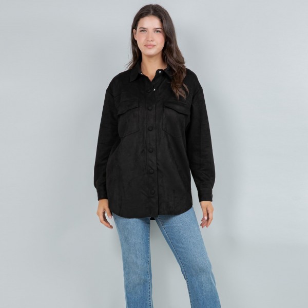 Suede Snap Jacket With Collar

- Two Side Pockets
- 8% Spandex / 92% Polyester
