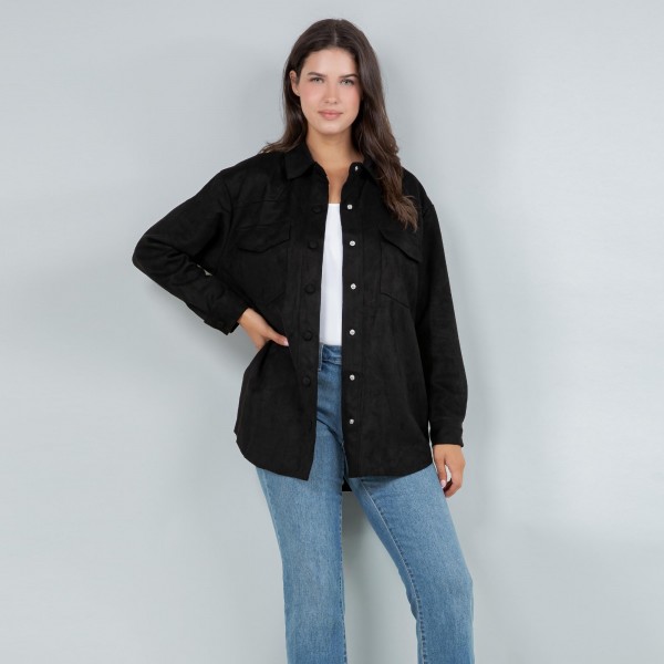 Suede Snap Jacket With Collar

- Two Side Pockets
- 8% Spandex / 92% Polyester
