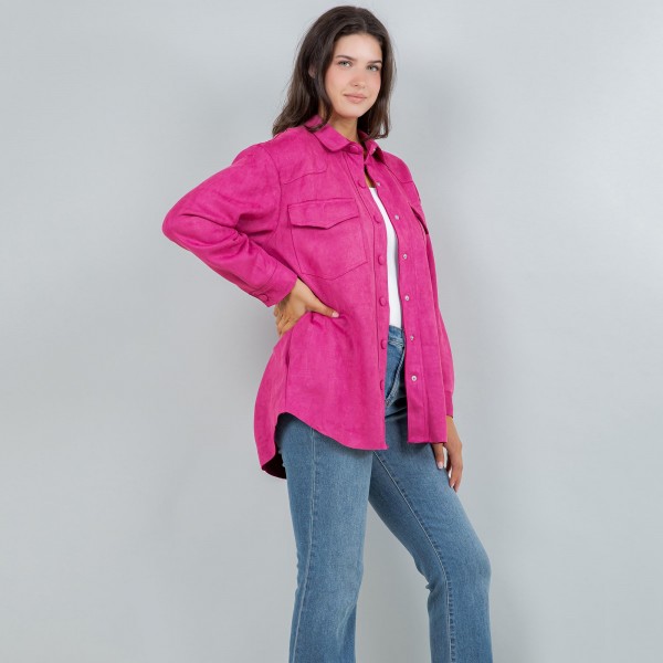 Suede Snap Jacket With Collar

- Two Side Pockets
- 8% Spandex / 92% Polyester
