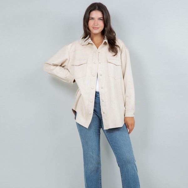 Suede Snap Jacket With Collar

- Two Side Pockets
- 8% Spandex / 92% Polyester
