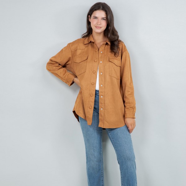 Suede Snap Jacket With Collar

- Two Side Pockets
- 8% Spandex / 92% Polyester
