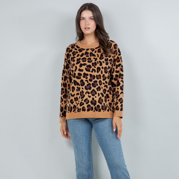 Wholesale soft Knit Leopard Print Sweater Pack Crew Neckline Viscose Nylon PBT