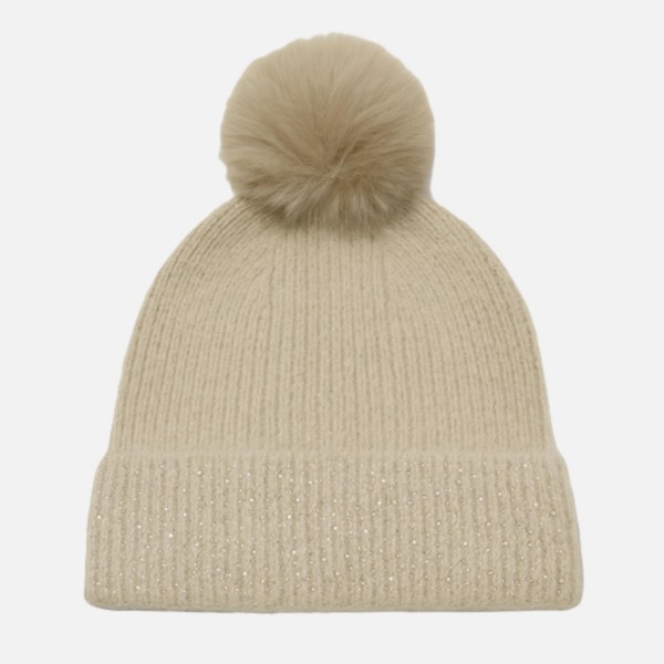 Fuzzy Knit Cuff Beanie With Faux Fur Pom & Rhinestone Details 

- One Size Fits Most 
- 100% Polyester 