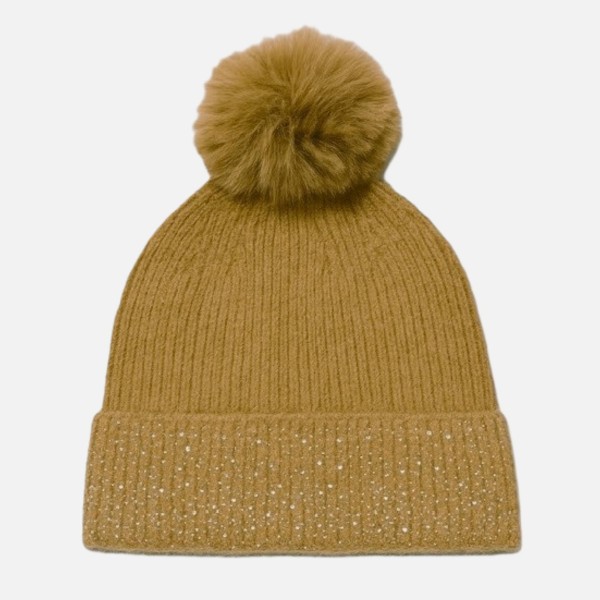 Fuzzy Knit Cuff Beanie With Faux Fur Pom & Rhinestone Details 

- One Size Fits Most 
- 100% Polyester 
