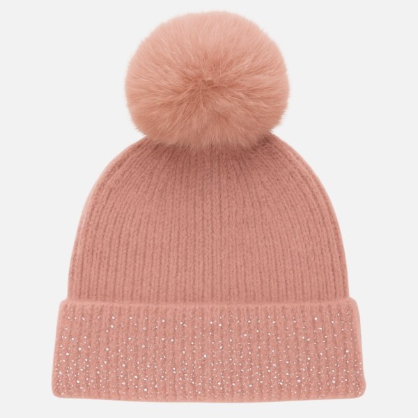 Fuzzy Knit Cuff Beanie With Faux Fur Pom & Rhinestone Details 

- One Size Fits Most 
- 100% Polyester 