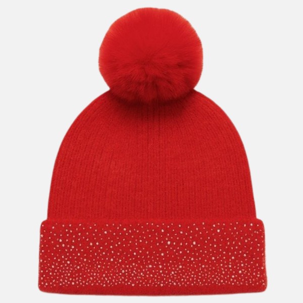 Fuzzy Knit Cuff Beanie With Faux Fur Pom & Rhinestone Details 

- One Size Fits Most 
- 100% Polyester 