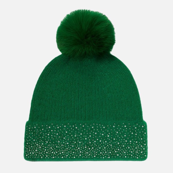 Fuzzy Knit Cuff Beanie With Faux Fur Pom & Rhinestone Details 

- One Size Fits Most 
- 100% Polyester 