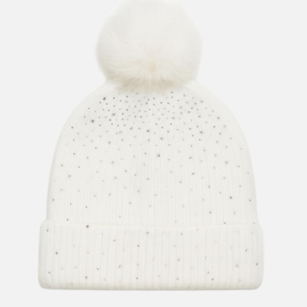 Fuzzy Knit Cuff Beanie With Faux Fur Pom & Rhinestone Details 

- One Size Fits Most 
- 100% Polyester 