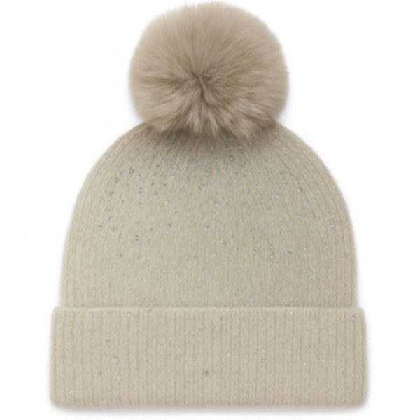 Fuzzy Knit Cuff Beanie With Faux Fur Pom & Rhinestone Details 

- One Size Fits Most 
- 100% Polyester 