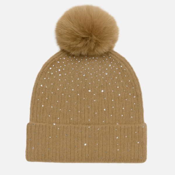 Wholesale fuzzy Knit Cuff Beanie Faux Fur Pom Rhinestone Details One Fits Most P